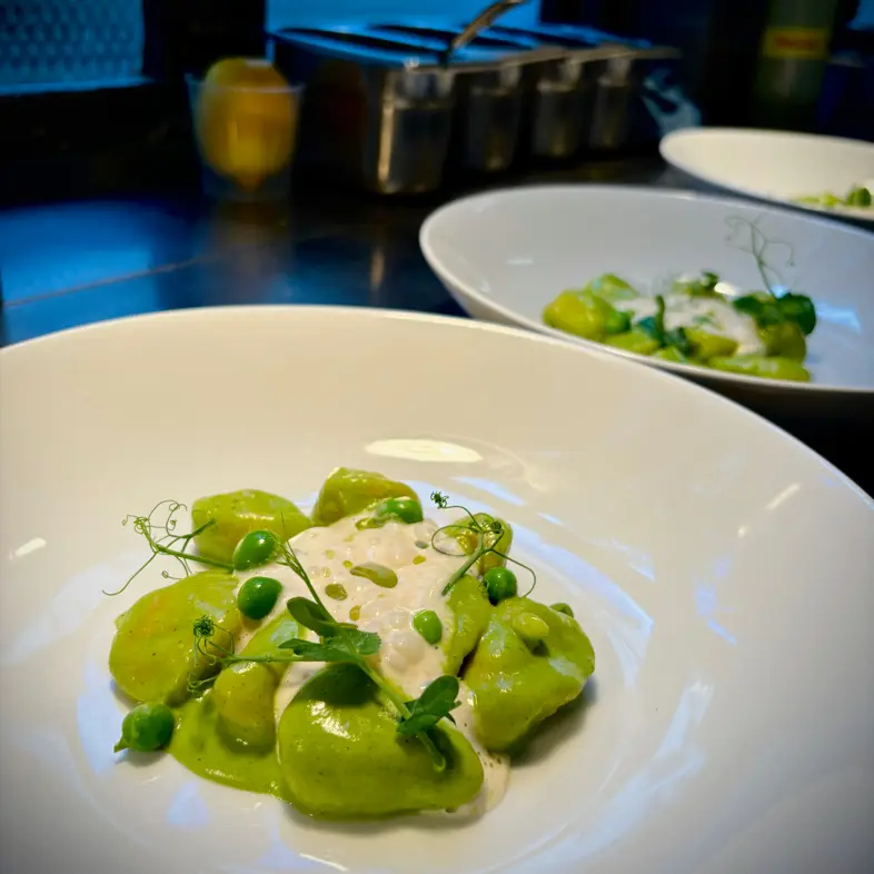 creation thumb for Ricotta gnocchi, courgette cream, peas, foam and oil
