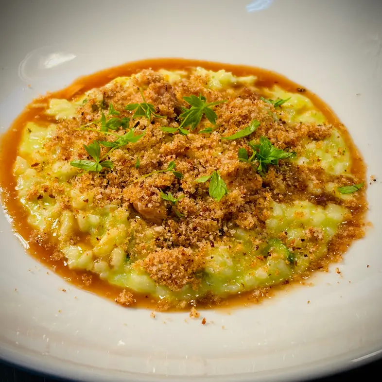 creation thumb for Asparagus risotto, pork belly, crispy suckling pig