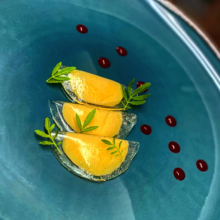 creation thumb for Champagne ravioli/meadowsweet custard/apple marigold/raspberry