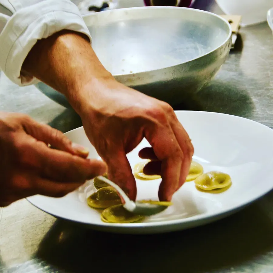 creation thumb for Ravioli ripieni dì cinghiale brasato al barolo,porcini, finferli, croccante di parmigiano e ristretto di cinghiale profumato al ginepro