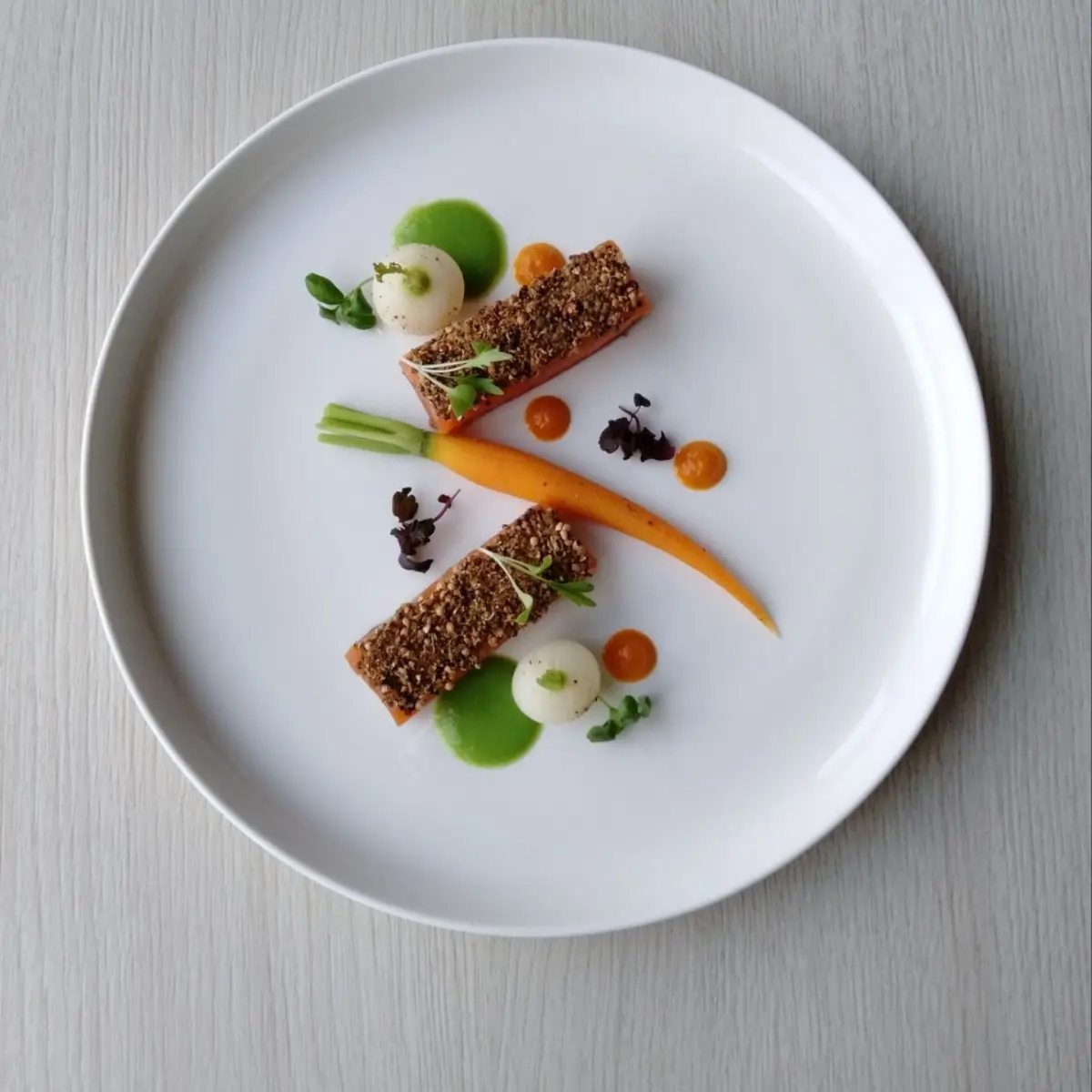 creation thumb for Salmon Mi Cuit, Sweet potato 🍠 emulsion, glazed carrot 🥕 and turnip, wasabi citrus 🍋🍊 sauce