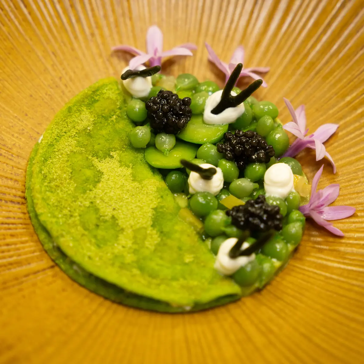 creation thumb for Petit Pea Blini, Caviar, Goat Cheese