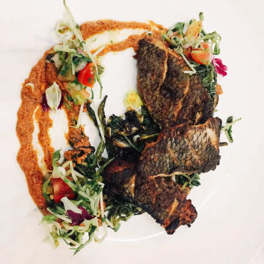 creation thumb for Pan Fried Tilapia, Romesco, Pea Sprouts, Salsa