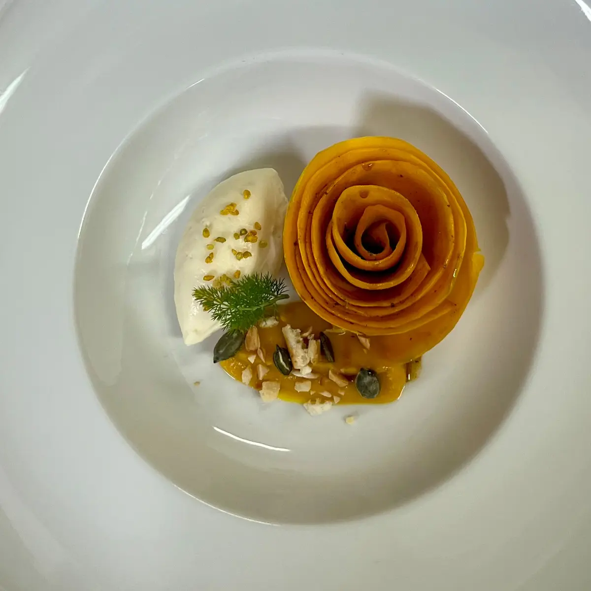 creation thumb for Grilled Pumpkin Rose with Grana Padano, Pollen & Almond