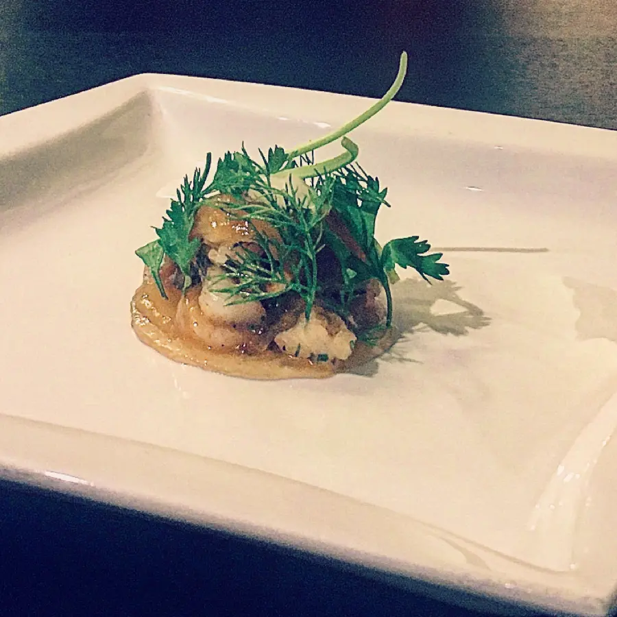 creation thumb for Fish ravioli,apricot jelly and herbs.