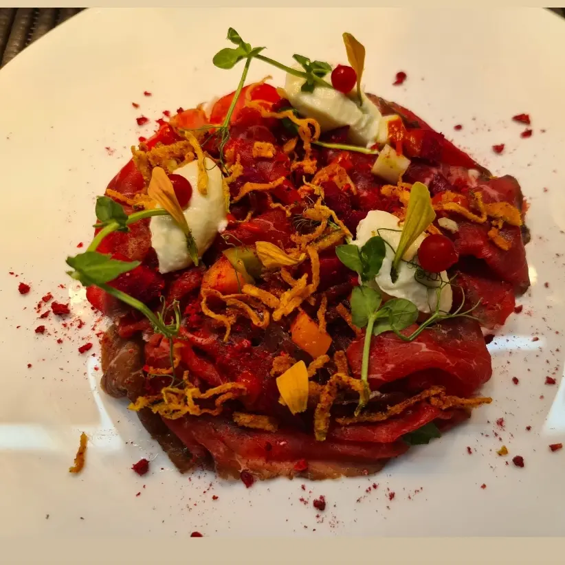 creation thumb for Marinated Fassona Carpaccio, dehydrated carrot crème fraîche