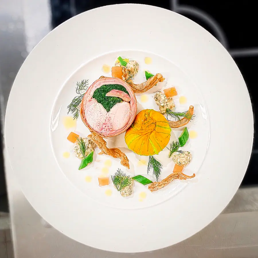 creation thumb for Lesson 17: Final Exam Starter Dish: Râble de Lapin Farci, Courgette Fleur, Sauce Ravigote (Stuffed Saddle of Rabbit, Courgette Flower, Ravigote Sauce)