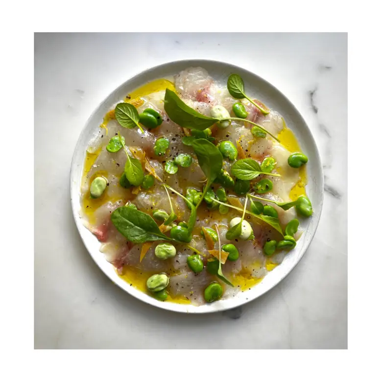 creation thumb for Sea bream crudo, salted bergamot, feves and citrus oil.