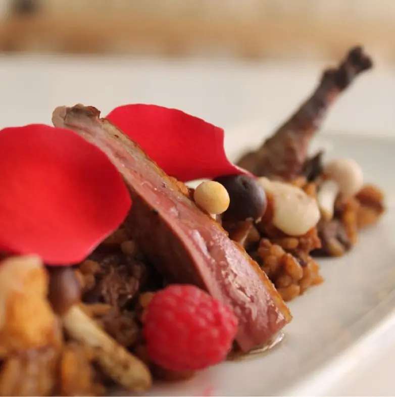 creation thumb for Rice with pigeon in two cookings, mushrooms and roses
