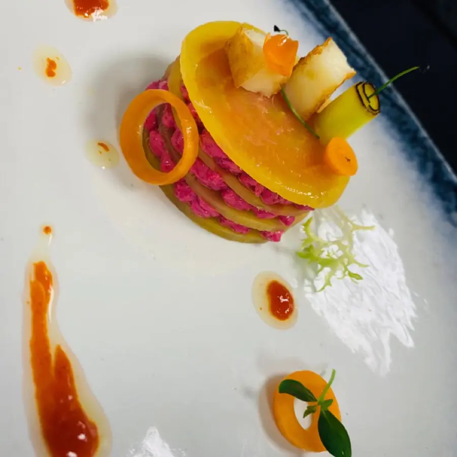 creation thumb for Moutabal beetroot millefeillue with crispy halumi cheese