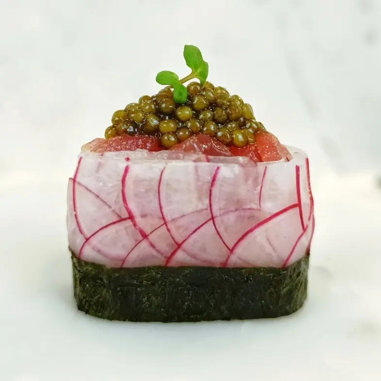 creation thumb for Gunkan-Style Red Radish with Tuna Tartare and Caviar