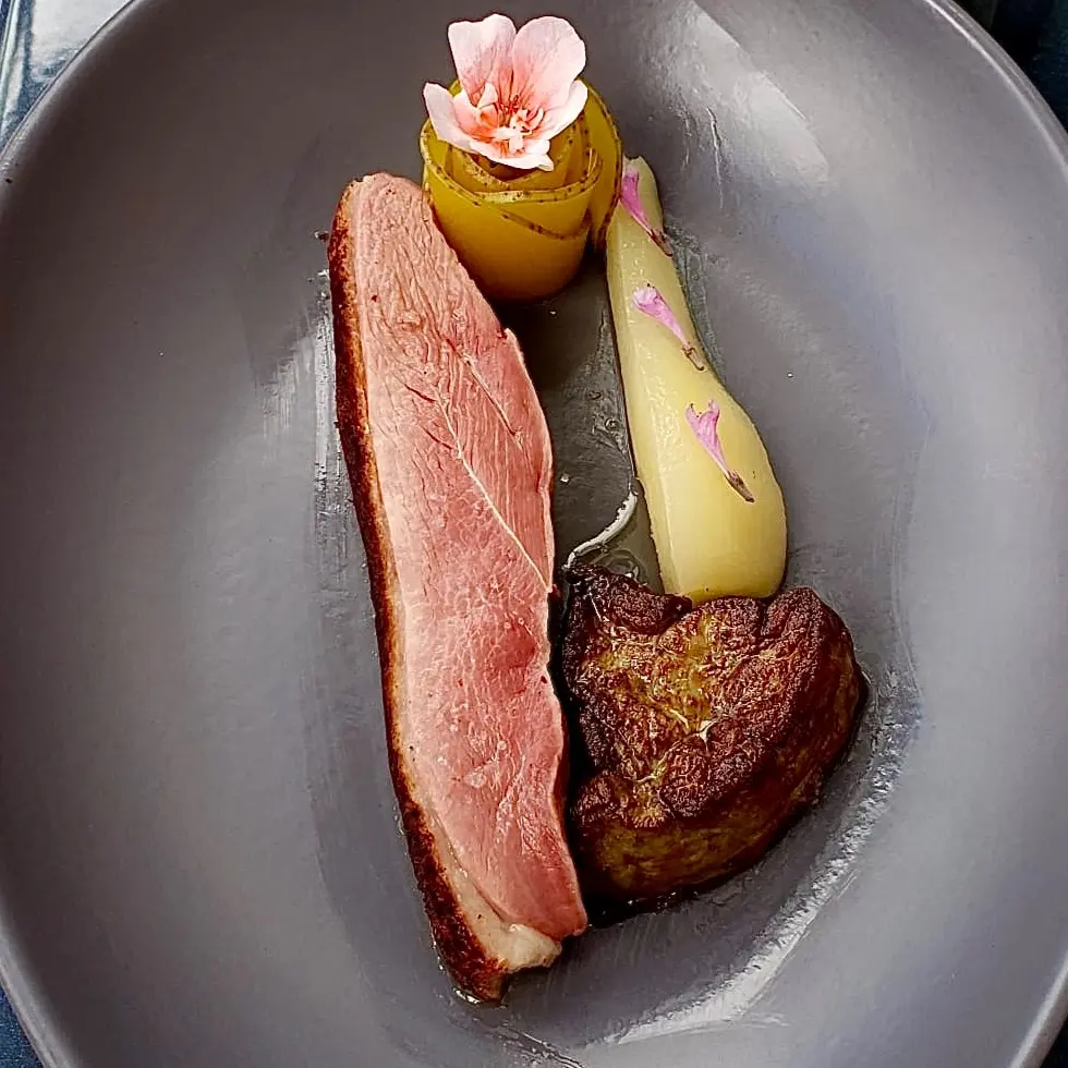 creation thumb for Duck & Foie Gras with Poached Pear and Duck Jus