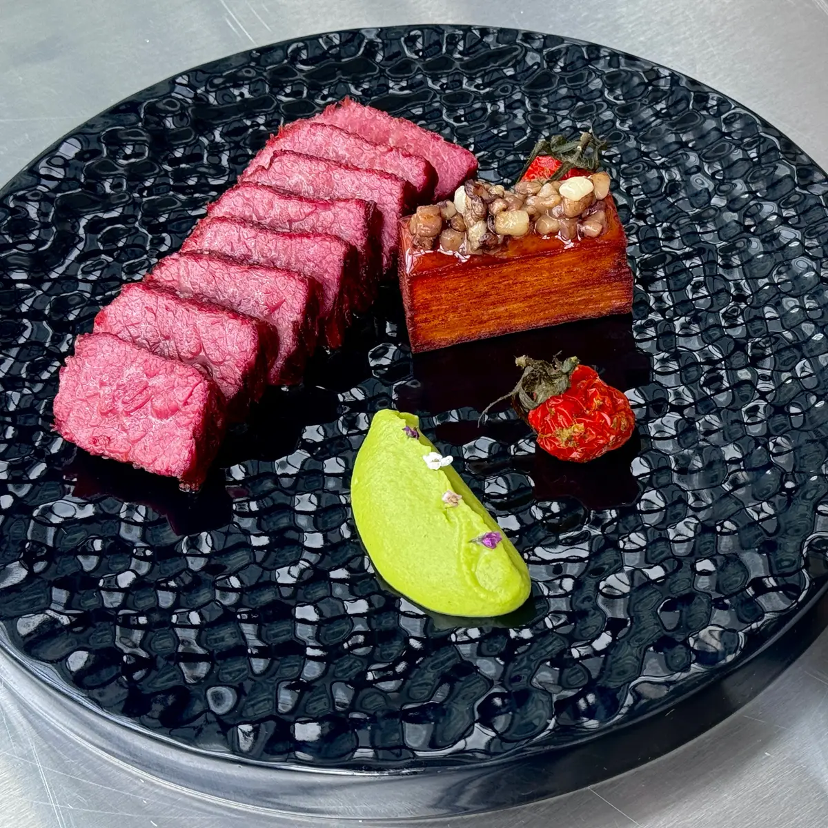 creation thumb for Wagyu & Truffle-Coffee Jus with Gratin and Minted Pea Puree