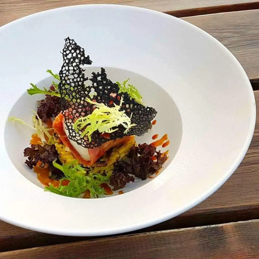 creation thumb for Amberjack, prosciutto, chorizo oil, fried rice with porcini, beech and enoki mushrooms, smoked florinis pepper emulsion.