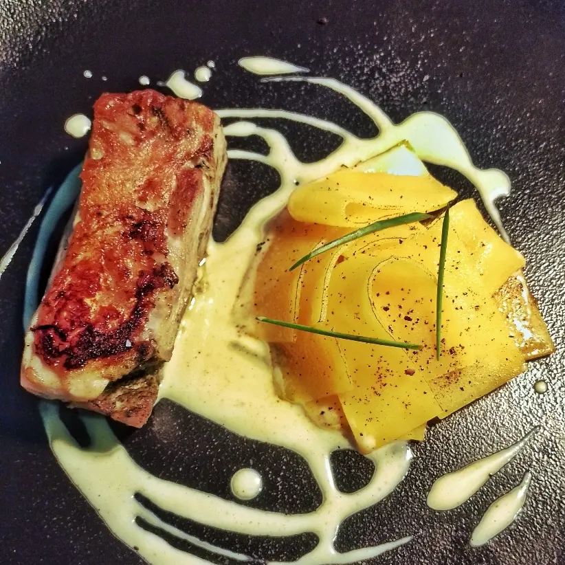 creation thumb for Chicken and mousseline, pumpkin with black garlic, Dijon emulsion