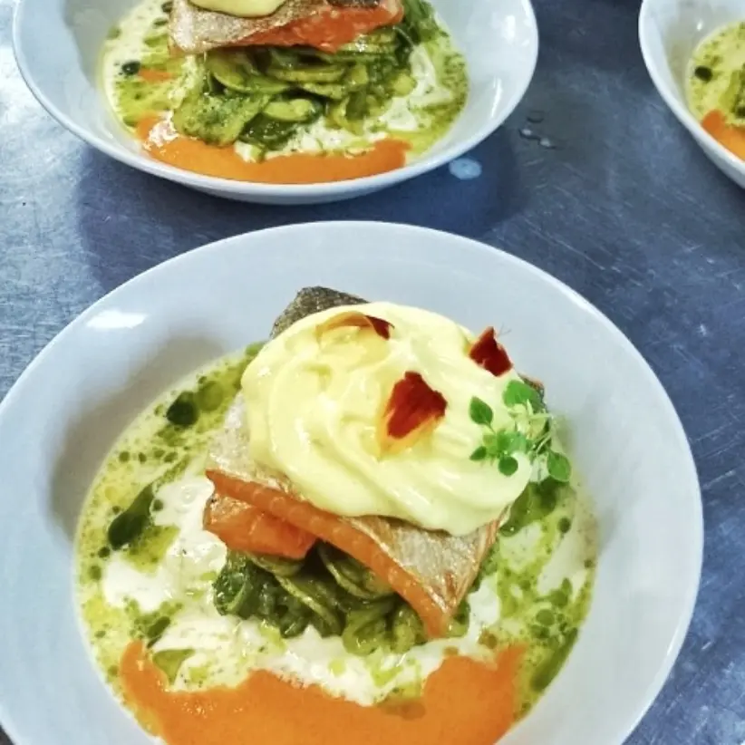 creation thumb for Trout, burrata, zucchini with pesto, lemon sabayon