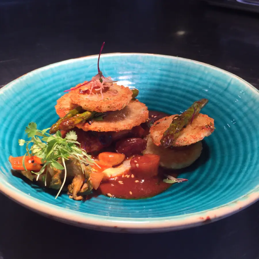 creation thumb for Spicy Korean style of chicken with rice sheet cake along with kimchi