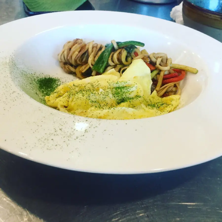 creation thumb for Stir fried udon noodles with exotic vegetables with shrink egg, spinach ash