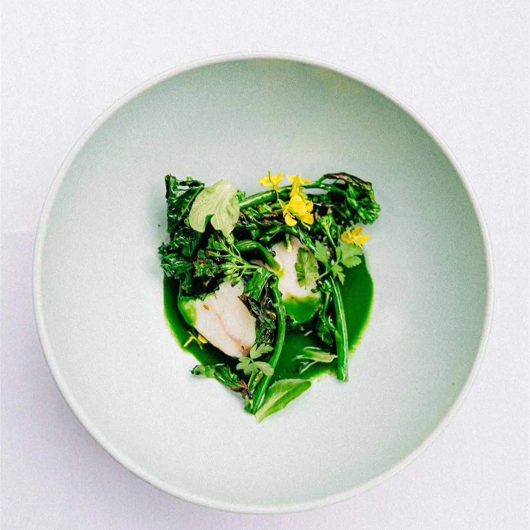 creation thumb for Salsify wrapped Monkfish with Mustard Greens & Gai Lan.