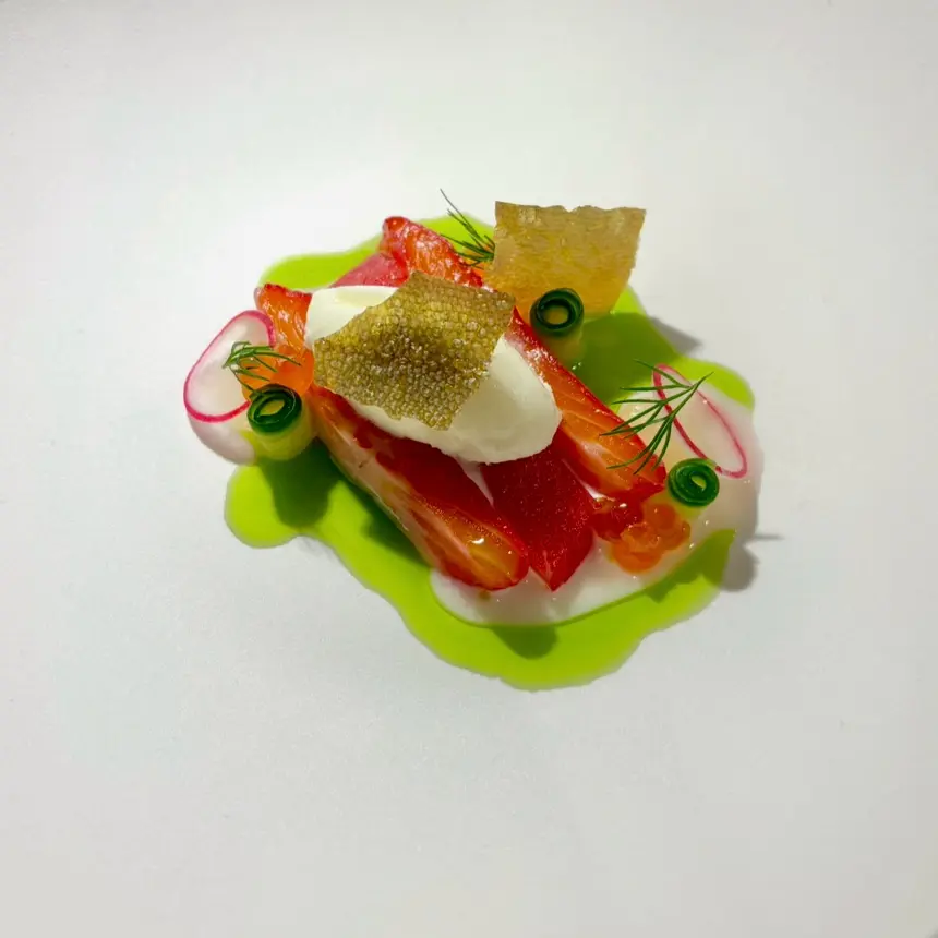 creation thumb for beetroot cured char, granny smith, roe, horseradish