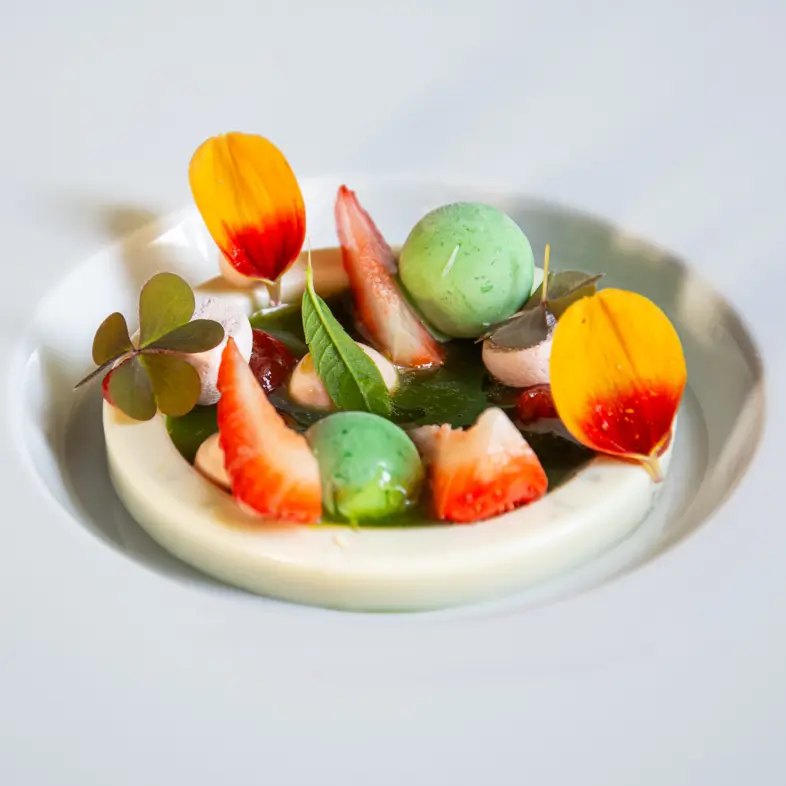 creation thumb for Lemon thyme panna cotta, sorrel, strawberry