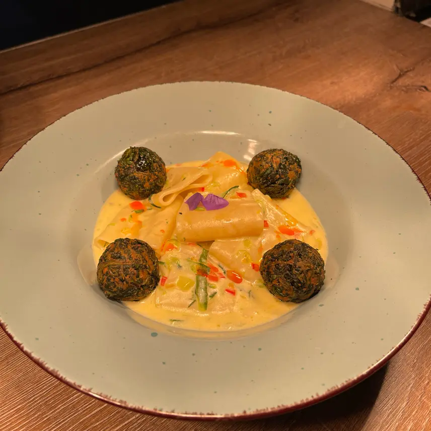 creation thumb for Penne Giardinara with Crispy Spinach Balls