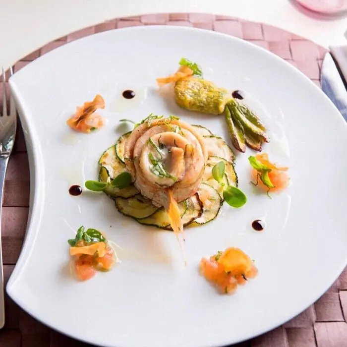 creation thumb for red mullet fillet / zucchini flowers / tomato sauce / champignon chips