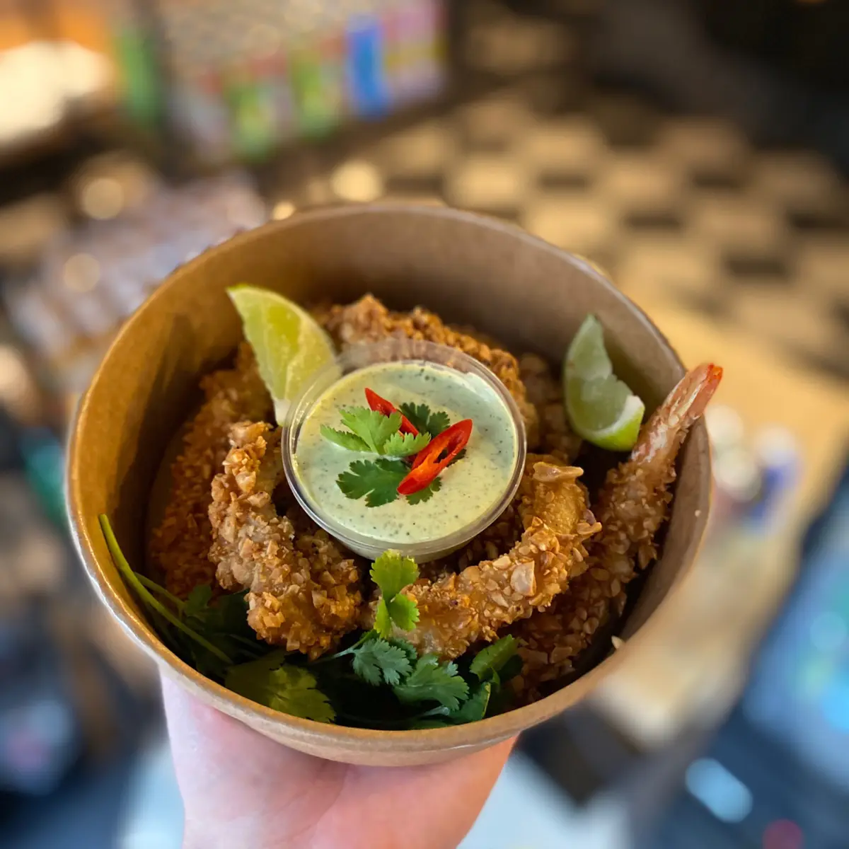 creation thumb for Shrimp&squid in peanut crunch with jalapenio majo