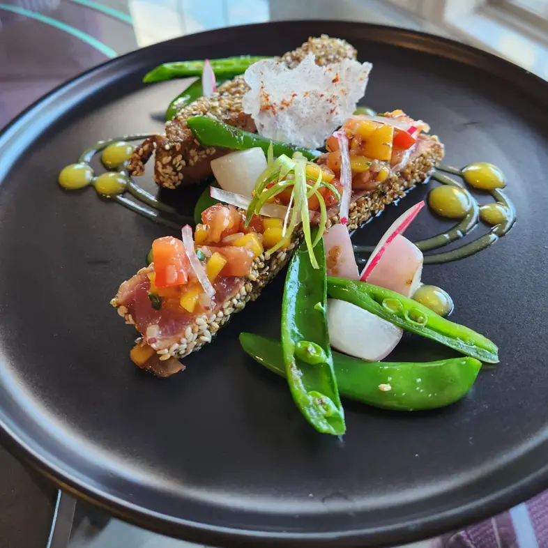 creation thumb for Sesame-seared tuna , mango-ginger gel, mango salsa