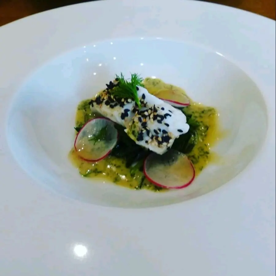 creation thumb for Codfish with leek, parsley-dillsauce and lemon nage