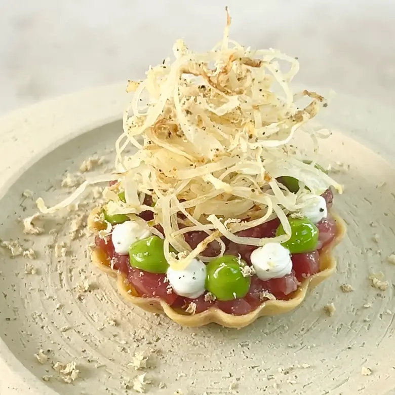 creation thumb for Beef tartare tartelette w lovage, celeriac, goats cheese