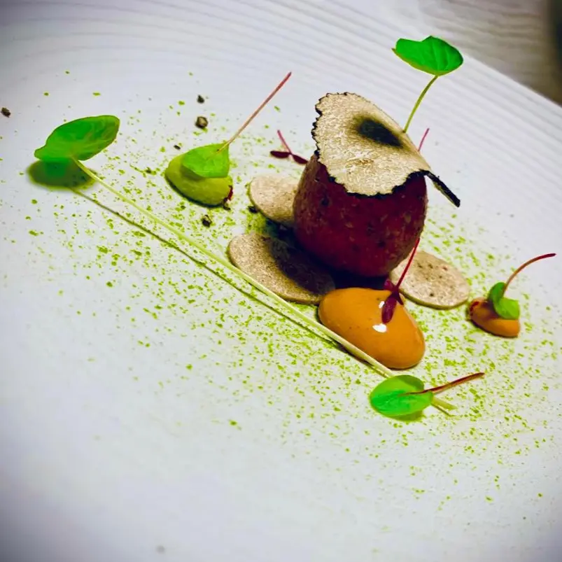 creation thumb for Wagyu Truffled Lukanka • Basil Potato Purée • Rosehip Mayo.