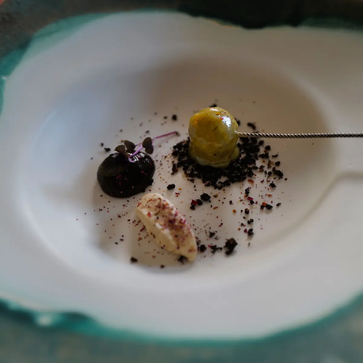creation thumb for Almond-Plum Lollipop • Goat's Cheese Cream • Ganache.