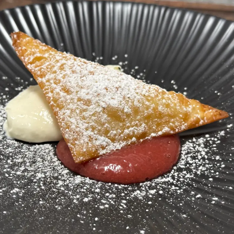 creation thumb for Strawberry Mascarpone Wontons - Almond Cream/Strawberry Gel