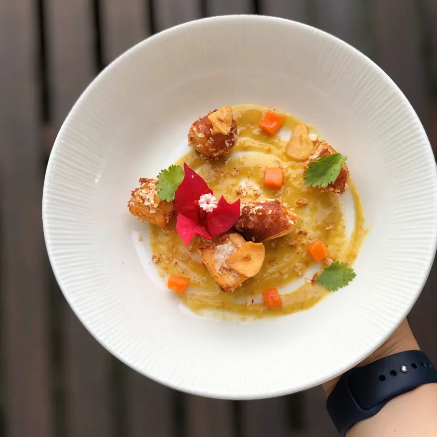 creation thumb for Fried Panko octopus - coconut and Lili sauce whit papaya brumosos