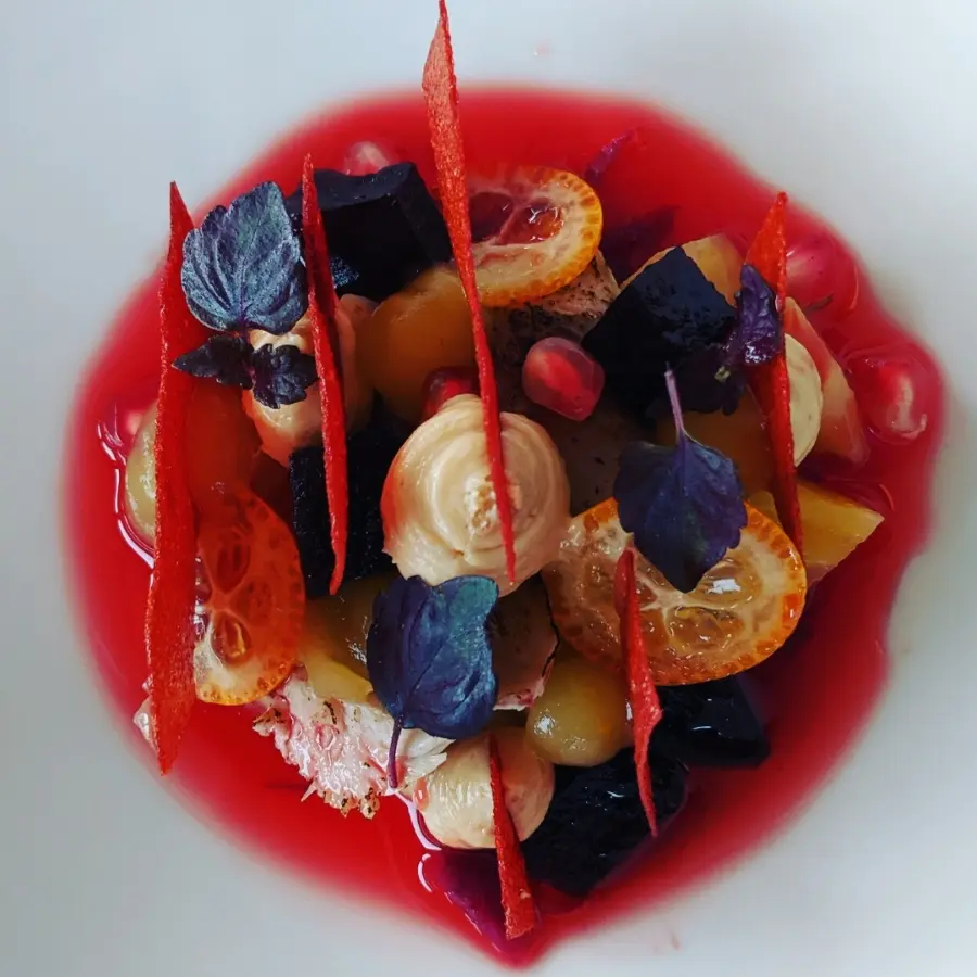 creation thumb for Quail with rosemary oil, goose liver and beetroot
