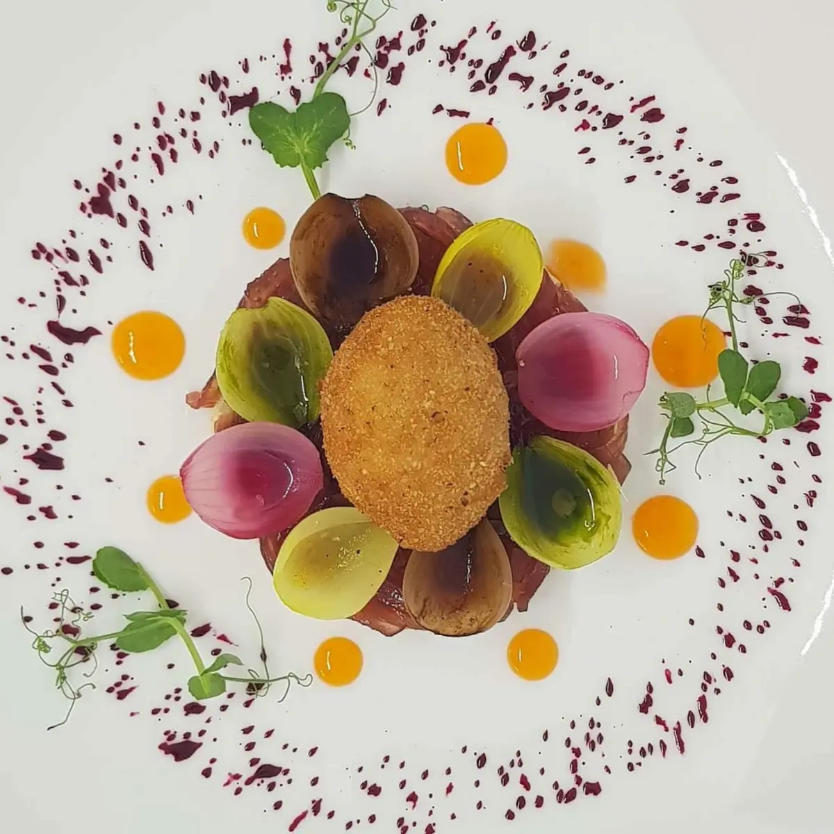 creation thumb for fried perfect egg, onion compote, pickled baby onions