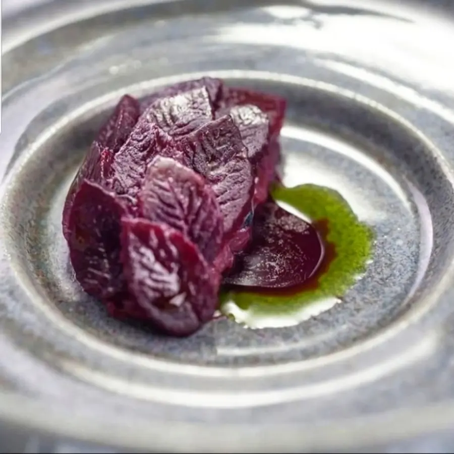 creation thumb for Smoked deer, steamed beetroot, blueberries, fermented prunes, beetroot gel , juniper oil.