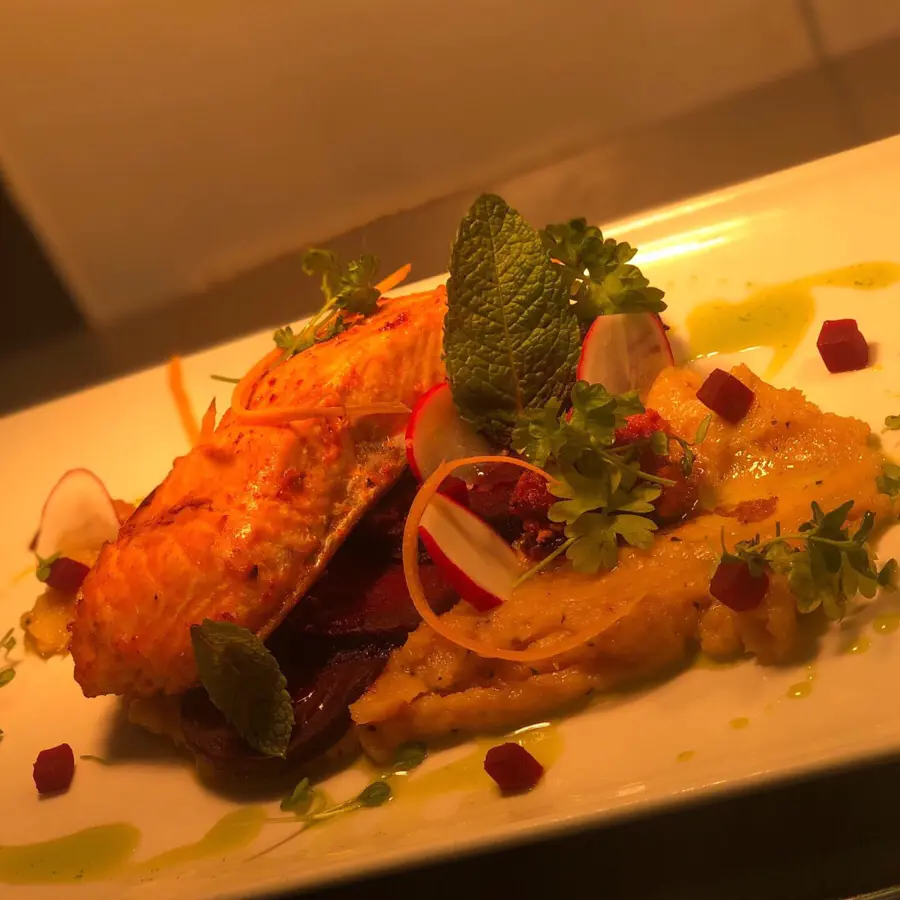 creation thumb for Salmon cooked with chorizo, parsnip purée and parsley oil