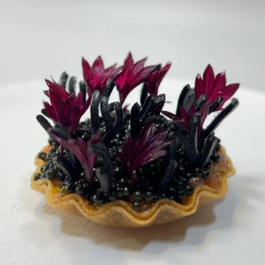 creation thumb for Fluke Tartelette with Caviar & Squid Ink Tuile