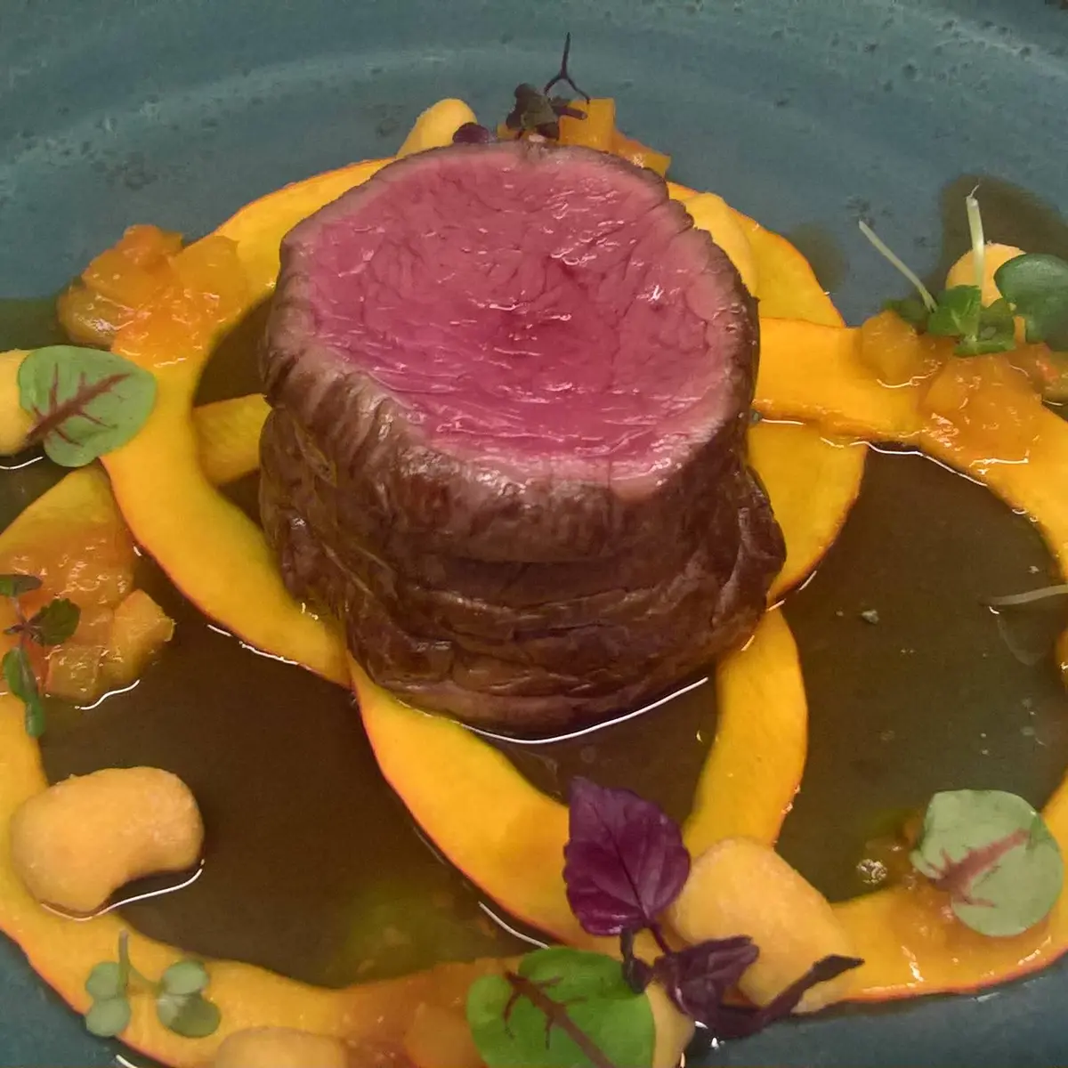 creation thumb for Bay. Beef tenderloin on pumpkin, gnocchi