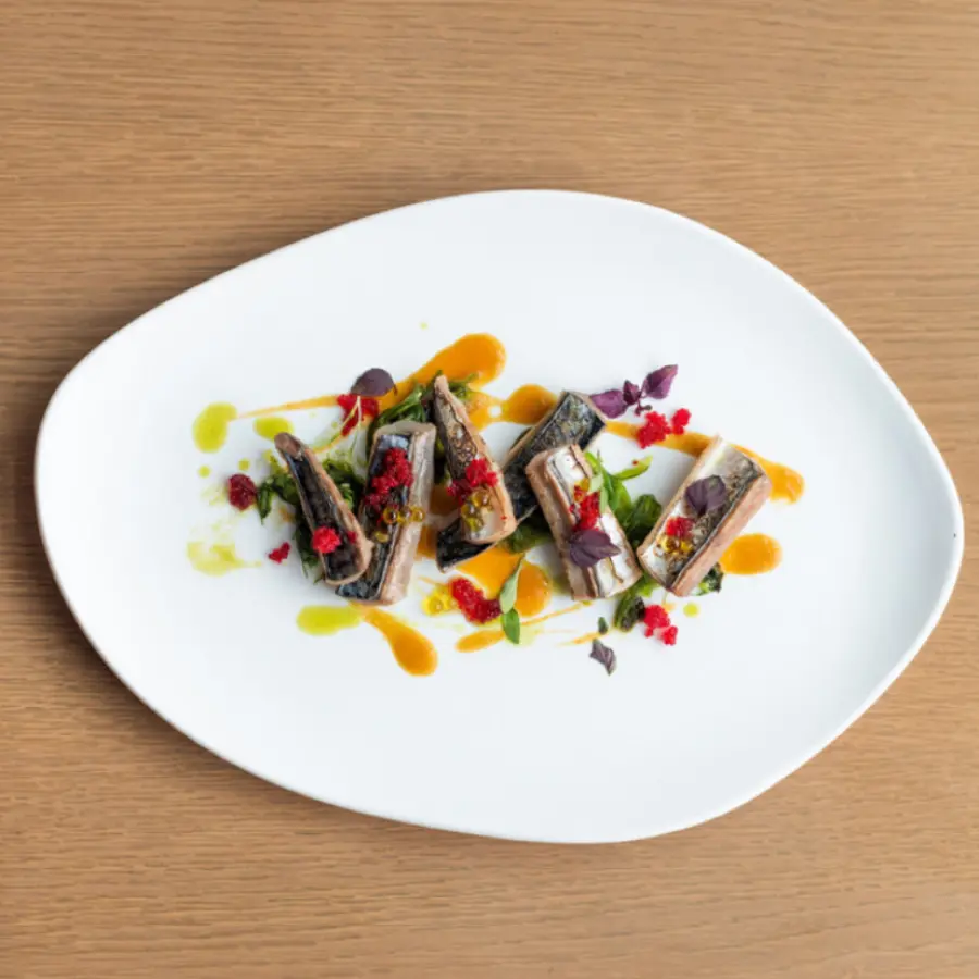creation thumb for Mackerel - wakame - tobiko - mango soy dressing - shiso purple