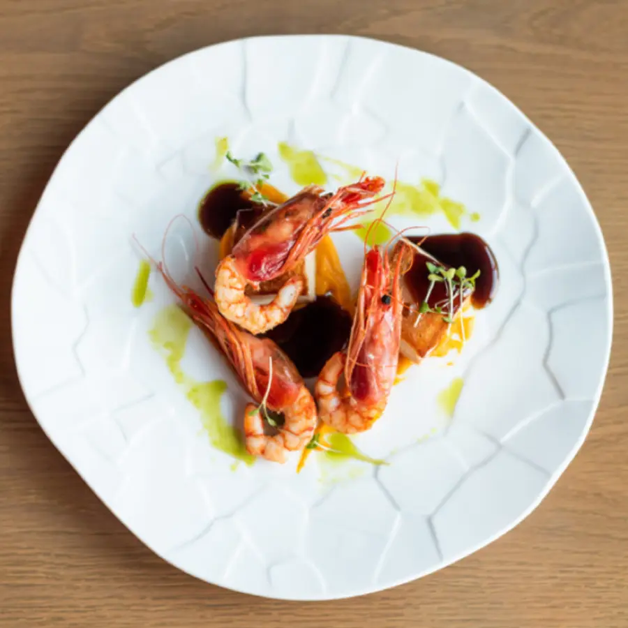 creation thumb for Pork jowl - red prawns - carrot pure - demi glace