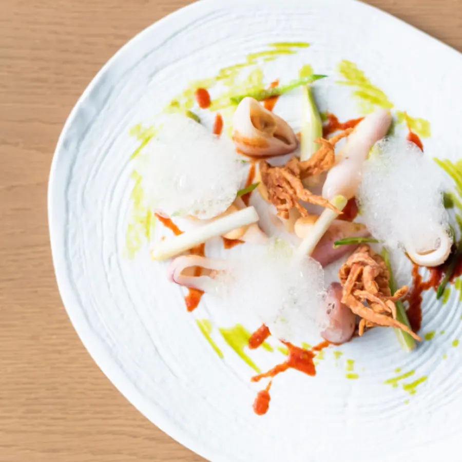 creation thumb for Squid - baby leek - kimchi oil - lemon air