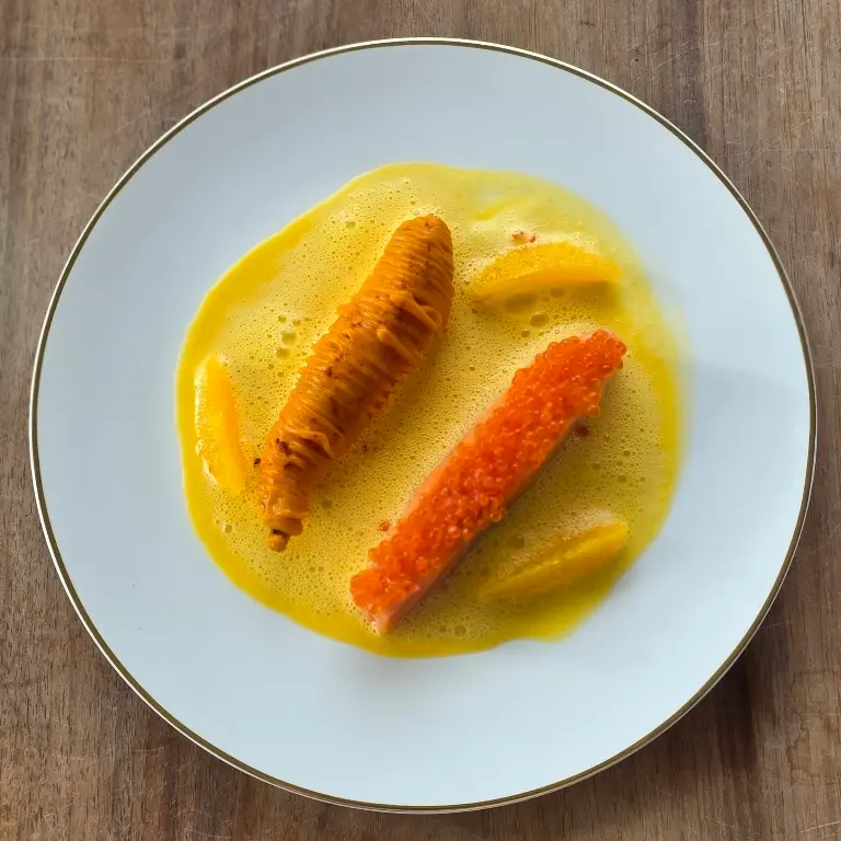 creation thumb for Gentle cooked Salmon, Sea Buckthorn sauce, sweet potato