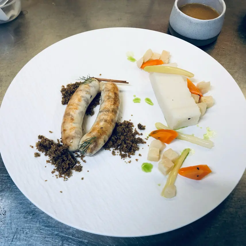 creation thumb for Sea bass sosage, white polenta, vegetables, fish sauce