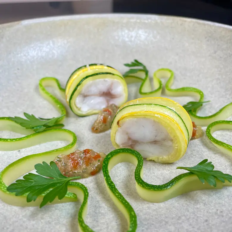 creation thumb for Branzino • Summer Squash • Charred Eggplant • Fresno Sauce
