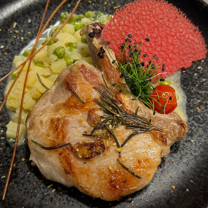 creation thumb for Duroc pork chop on potato and pea risotto