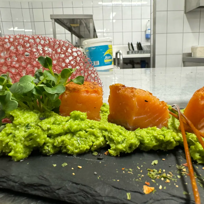 creation thumb for warm smoked salmon on peas - hummus