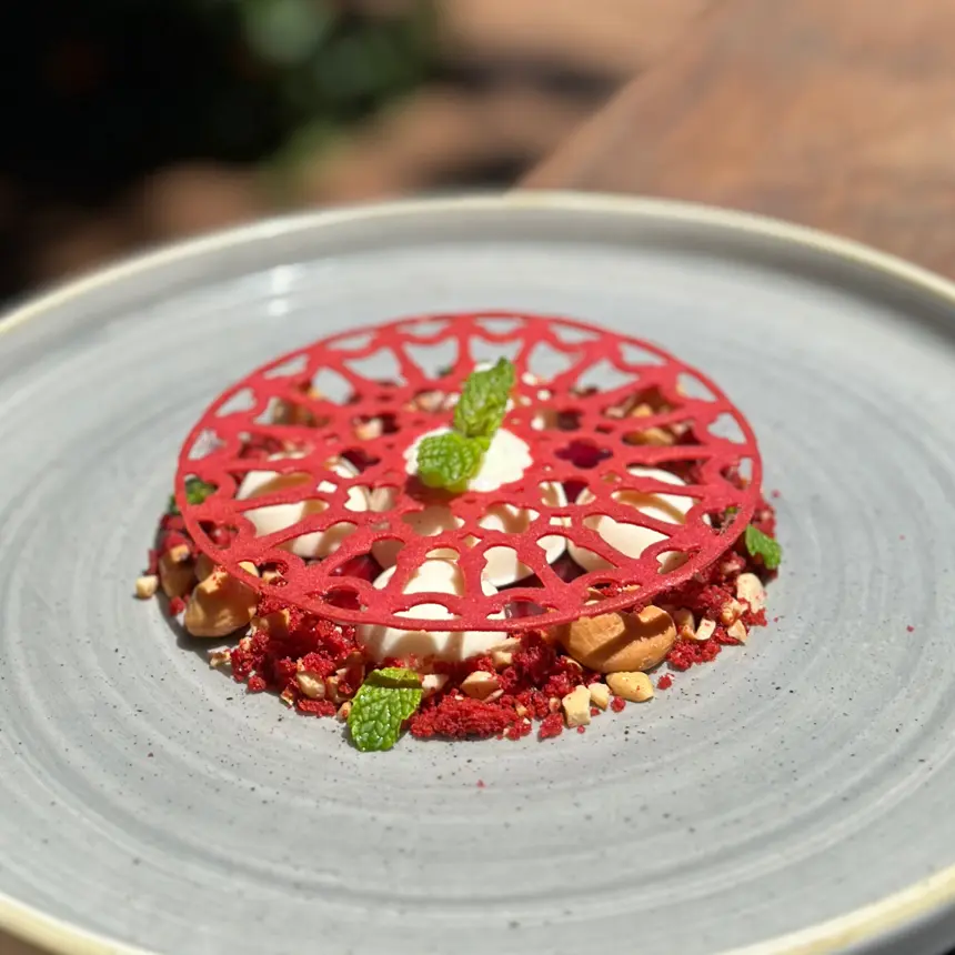 creation thumb for Coconut and white chocolate mousse on a raspberry veill